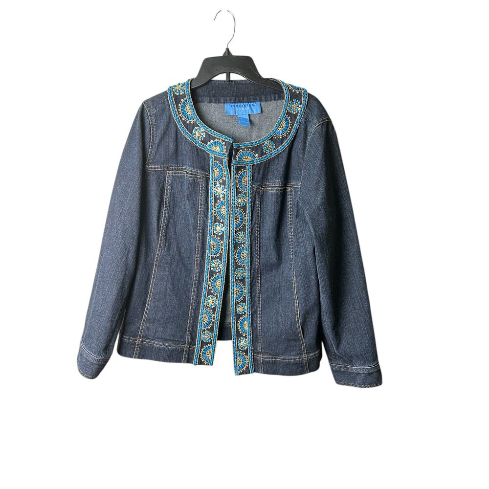 Vintage Doncaster‎ Sport Cotton/Span Blue Jean Jacket w/ Bling Torqoise Size 14W